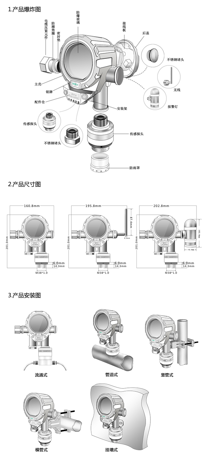 機氣貓固定在線式1-2-溴氯乙烷氣體檢測儀流通型網絡版尺寸與安裝圖
